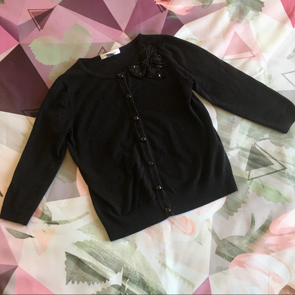 Black Cardigan with Cute Beaded Bow
